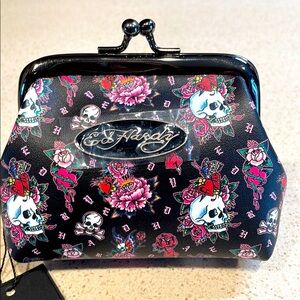Ed Hardy NWT Black Floral & Skull Kiss-Lock Coin Purse